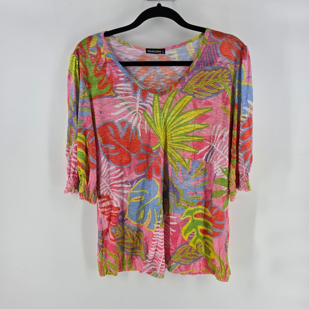 David Cline Pink Tropical Leaf Top L V-Neck 3/4 Sleeve Knit Boho Crinkle Resort